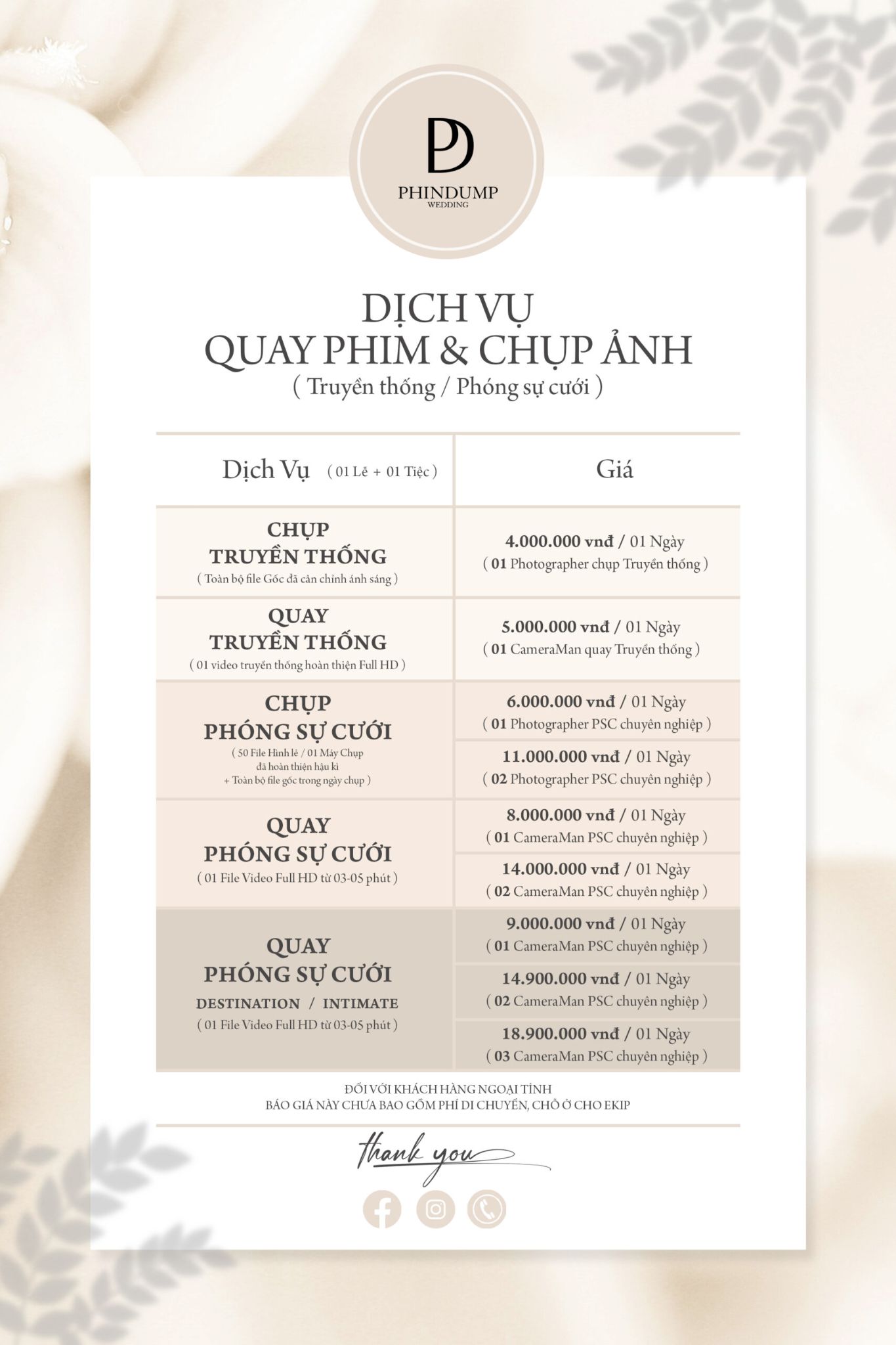 Bảng giá combo quay & chụp ảnh (truyền thống/phóng sự cưới) PhinDump Wedding Hồ Chí Minh